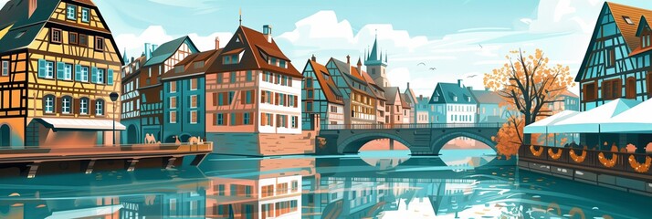 Autumn Ambiance in Strasbourg's Petite France District with Traditional Half-Timbered Houses and Canal - Perfect for Cultural and Seasonal Themes