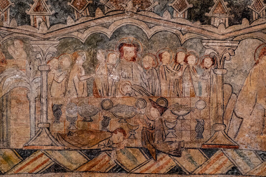 last supper of Christ, gothic paintings, Church of San Martín de Tours, Gazeo, Álava, Spain, Europe