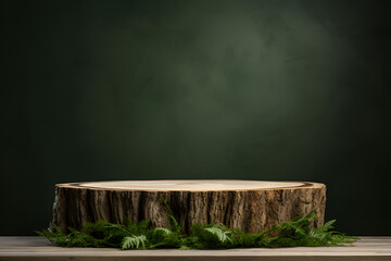 empty wooden round product podium stage with copy space, dark green background, environmentally friendly