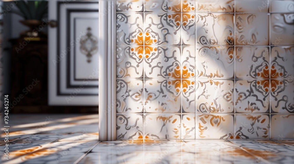 Poster a close up of a tiled wall and floor in a room with a door and light coming in from the window and a
