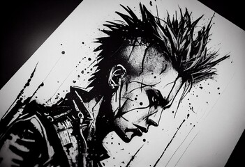 Punk is dead. Ink drawing of a dead punk. Generative AI