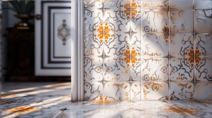  a close up of a tiled wall and floor in a room with a door and light coming in from the window and a vase on the side of the wall.