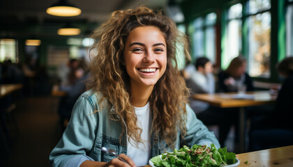 A cheerful woman enjoying a fresh meal, looking at camera generated by AI