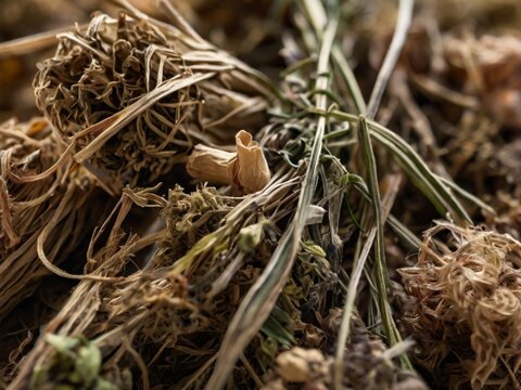 Macro image of the textures of a bunch of dried herbs with various subtle and textural elements.

