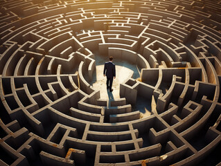 Top view businessman in the middle of a big maze looking for a way out 