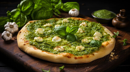 Traditional italian pizza Margarita with green basil pesto sauce 
