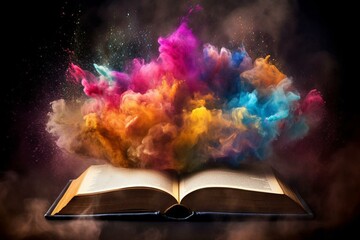 An open book with vibrant dust swirling from its pages. Generative AI