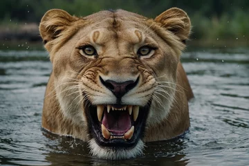 Fotobehang Lioness displaying dangerous teeth in lake © RIDA BATOOL