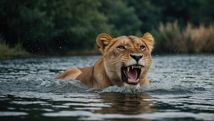 Naklejka na ściany i meble Lioness displaying dangerous teeth in lake
