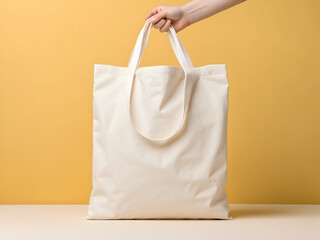 Hand holding a blank white tote bag mockup isolated on a yellow background design, eco cotton bag design.