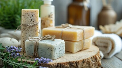  a couple of soaps sitting on top of a piece of wood next to a bunch of lavender and a bottle of lotion next to some soap on a piece of wood. - obrazy, fototapety, plakaty