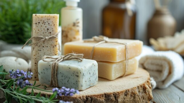  a couple of soaps sitting on top of a piece of wood next to a bunch of lavender and a bottle of lotion next to some soap on a piece of wood.