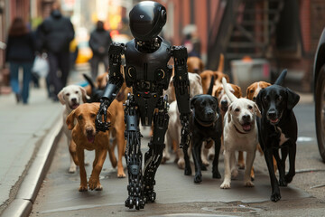 A Humanoid AI robot walks a dog along a city street. Futuristic technology concept. Future.