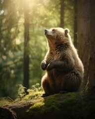 Obraz premium A brown bear sitting on a log in the woods. Generative AI.