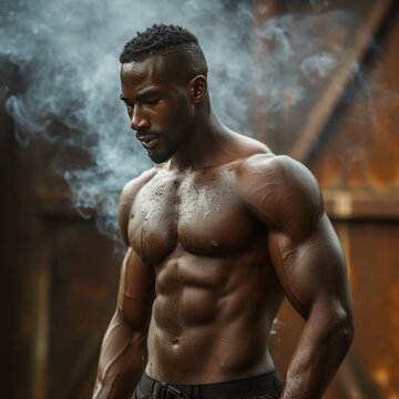 Image featuring an Afro-American man with a pumped-up physique, surrounded by burning fat, symbolizing weight loss and fitness progress. Perfect for showcasing the journey to a healthier lifestyle