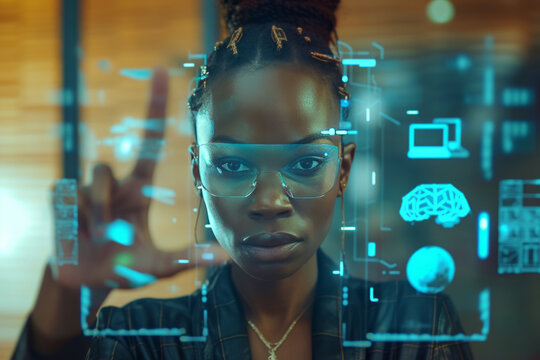 Dynamic image of an Afro-American businesswoman pressing high-tech buttons on a virtual background, symbolizing innovation and digital technology. Perfect for concepts of entrepreneurship