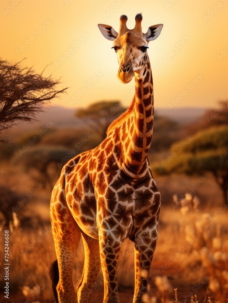 Poster a giraffe standing in the middle of a field. generative ai.
