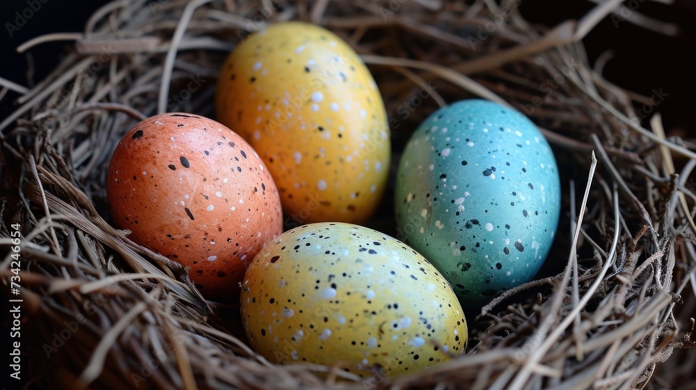 Poster a nest of eggs with speckled eggs in the middle of the nest, with one egg in the middle of the nest,
