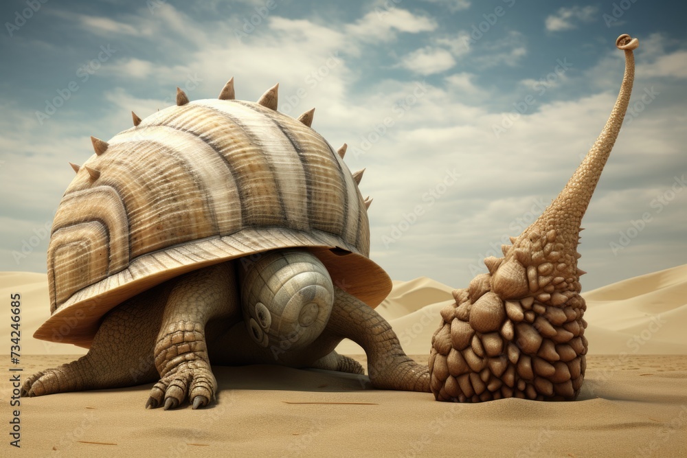 Poster a weird animals turtle and a snail in the desert. generative ai.