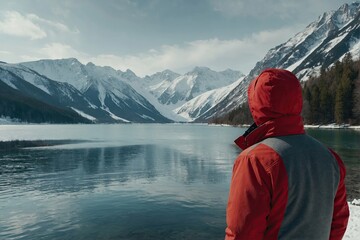  Man in red jacket standing back by the lake overlooking the mountains with snow, winter nature