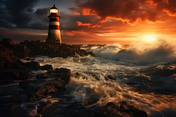Fotobehang Dramatic lightning on lighthouse by the bustling ocean., generative IA © JONATAS