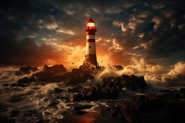 Dramatic lightning on lighthouse by the bustling ocean., generative IA