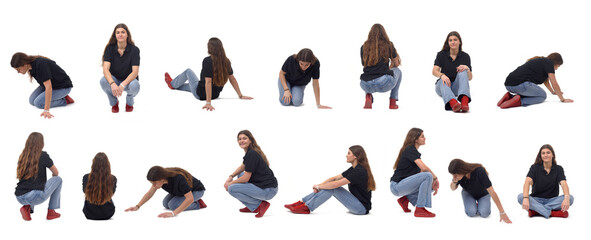 various poses of the same yung woman kneeling, squatting and sitting on white background