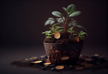 small plant growing in a pot full of coins, saving money, flourishing economy, good investments, profits, dividends, money concept, generative ai