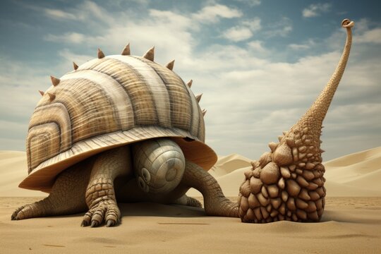 A weird animals turtle and a snail in the desert. Generative AI.
