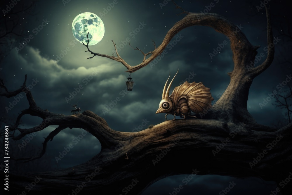 Poster a dark night scene with a tree and a creature on it. generative ai.
