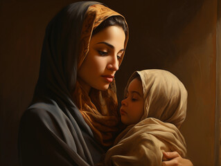 Young arab muslim woman holding her baby looking away 