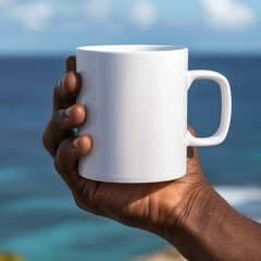 Sleek mockup featuring a high-quality blank white 11oz mug held by an African American man's hand. Ideal for online shops, graphic designers, and marketing materials targeting diverse audiences.