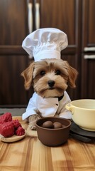 A dog wearing a chef hat sits in front of a bowl of chocolate. Generative AI.