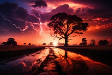 Surrealist lightning in sunset, luminous landscape., generative IA - obrazy, fototapety, plakaty