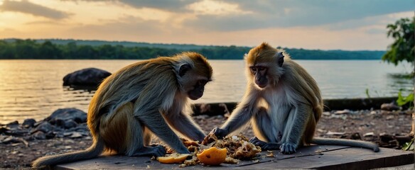 Monkeys eat the remains of food on the table near lake of water at the backdrop - Powered by Adobe