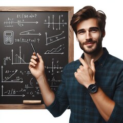 focused young man holds a pen and explains on a blackboard isolated on white background