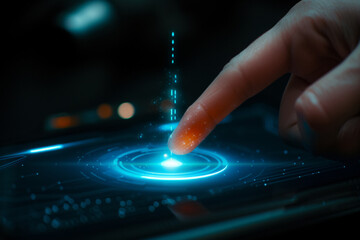 Image of a virtual screen with a finger pressing the search button, symbolizing data and information retrieval. Perfect for technology blogs, website design concepts, and digital marketing materials. - obrazy, fototapety, plakaty