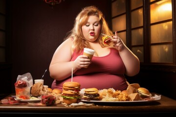 Indulgent Overweight woman eating. Home large face. Generate Ai
