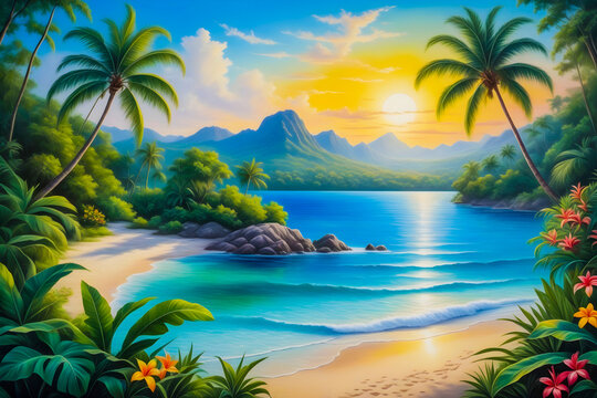 Tropical landscape painting with beach, palm trees and mountains