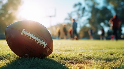 Close-up of a football on grass with blurred players in the background at sunset