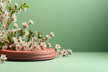 podium for product with white flowers on pastel green background
