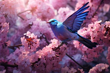 beautiful blue bird sitting on branch of tree with blooming pink flowers