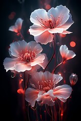 magical translucent red and white flowers close up on dark background