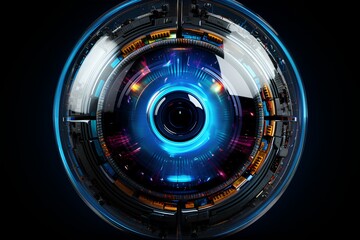 illustration of futuristic sphere as blue eye on black background