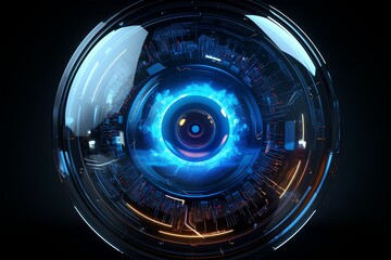 illustration of futuristic sphere as blue eye on black background