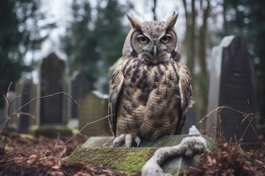 Owl sitting on cemetery stone tomb. Brown wild predator bird in graveyard. Generate ai