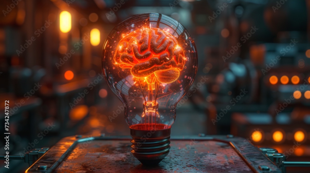 Wall mural light bulb with a glowing brain