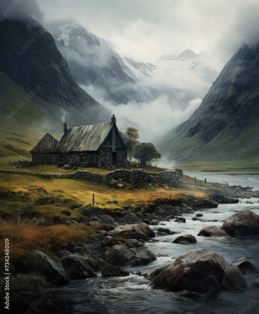 Poster a painting of a mountain scene with a stream running through the foreground and a house on the other
