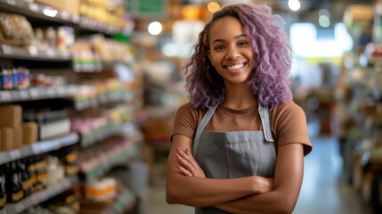 A cheerful supermarket employee in an apron stands smiling in the store, embodying friendly customer service amidst the grocery aisles.