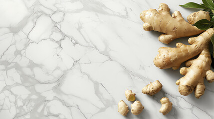 Ginger Roots on White Marble with Copy Space